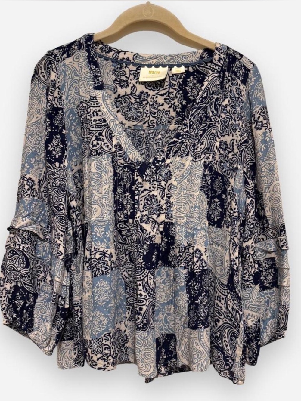 Anthropologie Meave Navy and Light Blue Paisley Patchwork Tunic